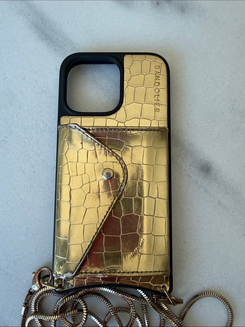 Bandolier Gold Croc Card Pocket Phone Case with Chain Strap iphone16 promax